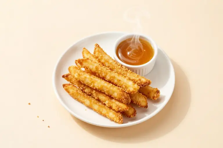 Golden-brown homemade chicken fries stacked on a white plate with barbecue-honey mustard sauce.