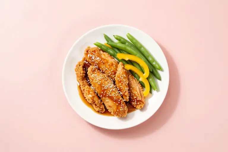 Crispy honey sesame chicken breast with green beans and yellow bell pepper on a white plate.