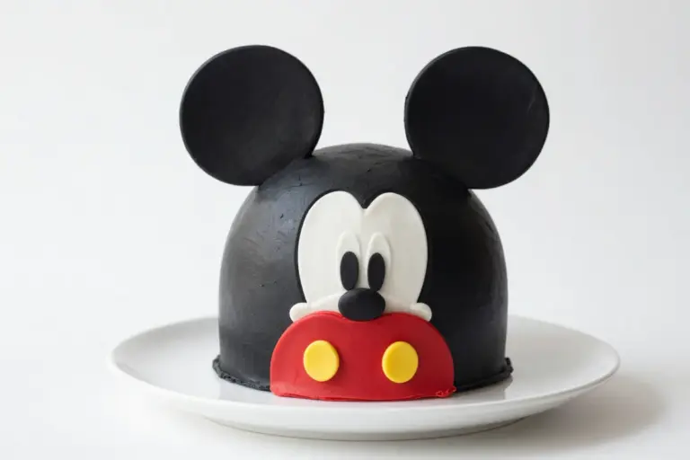 Decorated mouse silhouette cake with black buttercream, red shorts, yellow buttons, and white eyes on a plate.