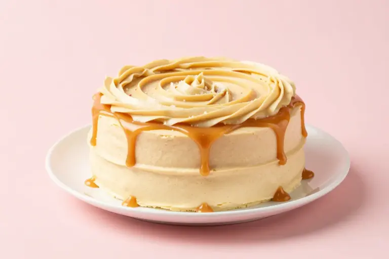 Dulce de leche cake with swirled salted caramel buttercream, dulce de leche drizzle, and flaky sea salt