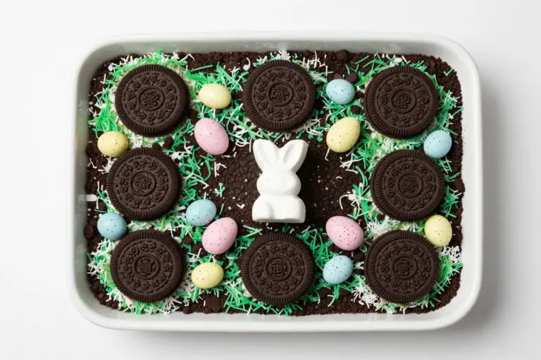Easter dirt cake topped with green coconut grass, pastel chocolate eggs, and marshmallow bunny candies