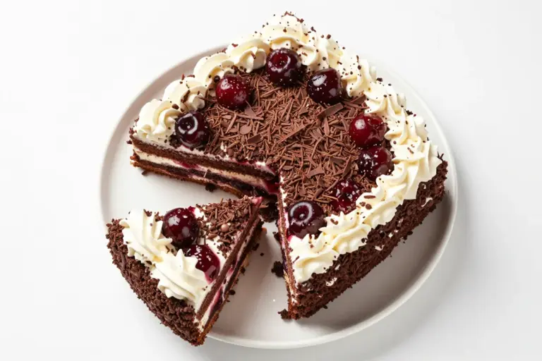 Sliced Black Forest sheet cake with cherry filling, whipped topping, and chocolate shavings on a white plate.