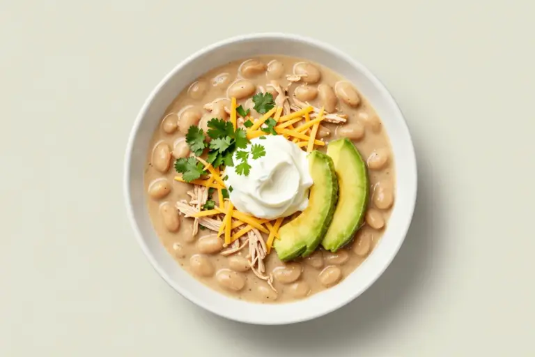 Creamy white chicken chili topped with cheese, sour cream, cilantro, and diced avocado in a white bowl
