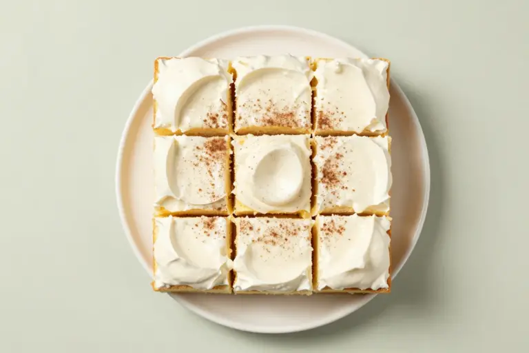 Eggless tres leches cake squares on a white plate with whipped cream and cinnamon