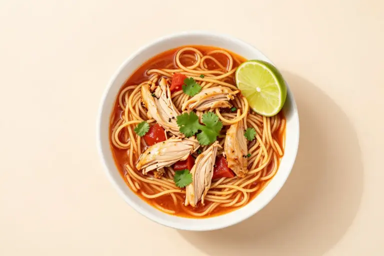 Toasted fideo noodles and shredded chicken in tomato-red broth with cilantro and lime