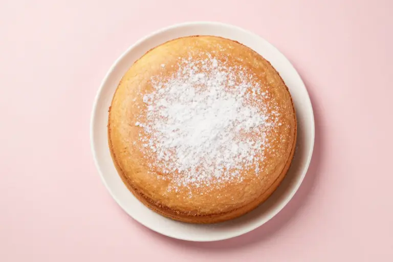 Whole 1 2 3 4 yogurt cake with a golden domed top and confectioners' sugar on a white plate.