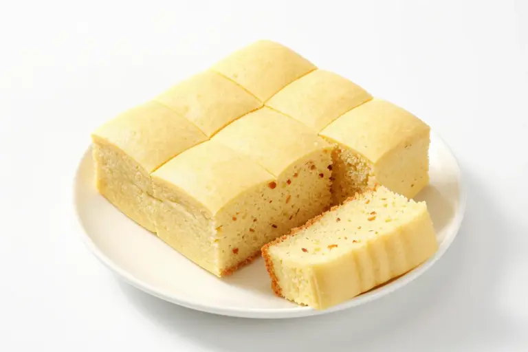 Fresh milled flour cake squares on a white plate, with one slice showing the moist golden crumb.