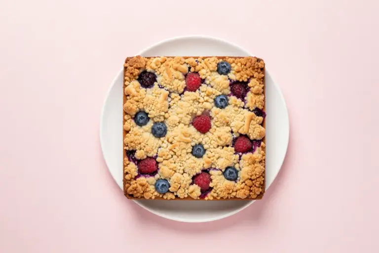 Whole fruit coffee cake with blueberries and raspberries peeking through golden streusel on a white plate.