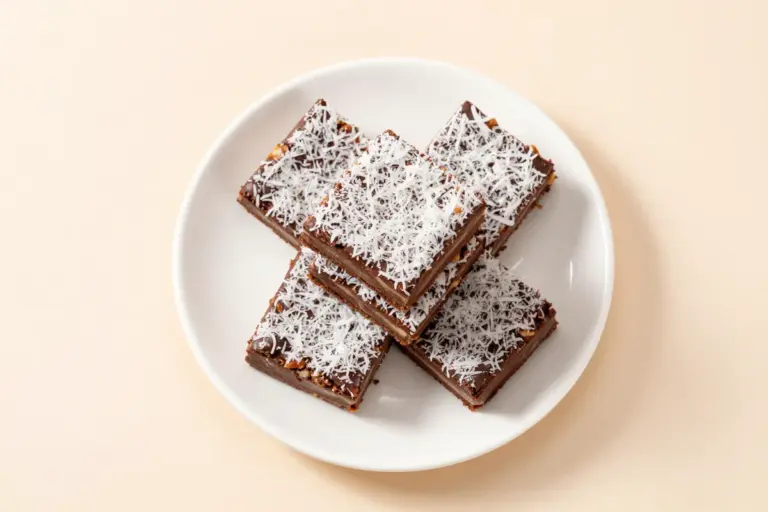 German chocolate cake bars stacked on a white plate, showing fudgy layers and chewy coconut-pecan topping.
