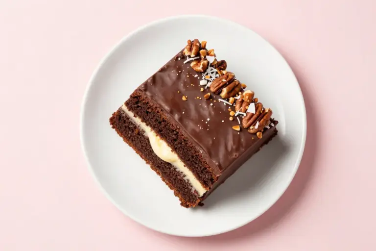 Square slice of German chocolate upside-down cake with gooey cream cheese ribbons, coconut, and pecans on a white plate.