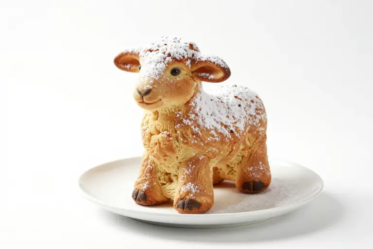 Whole German Osterlamm lamb cake dusted with powdered sugar on a white ceramic plate.
