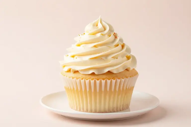 Giant cupcake cake with a tall vanilla buttercream swirl and sprinkles on a white plate