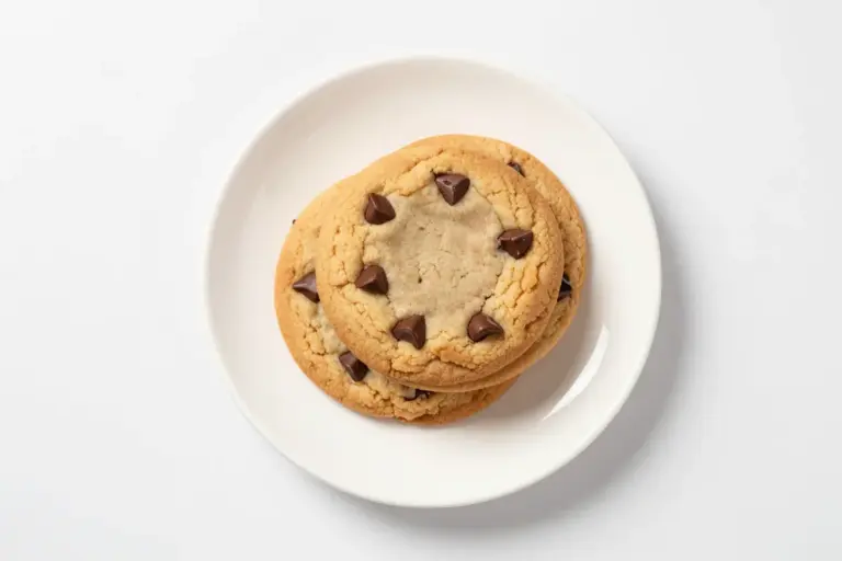 Stack of three soft gluten-free chocolate chip cookies on a white ceramic plate