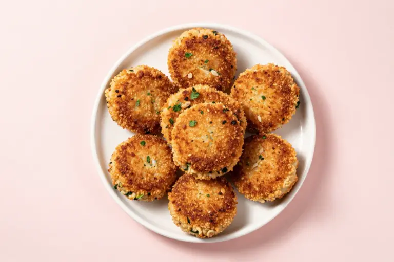 Eight golden-brown gluten-free crab cakes stacked on a white plate with parsley flecks and visible lump crab