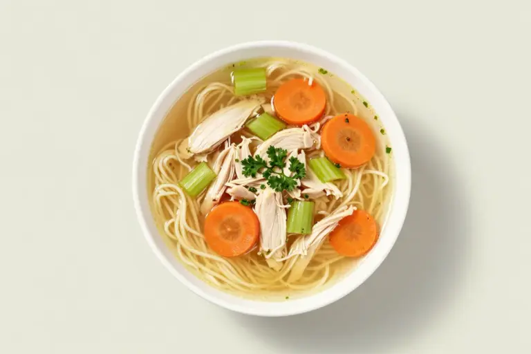 Chicken noodle soup with egg noodles, shredded chicken, carrots, celery, and parsley in a white bowl