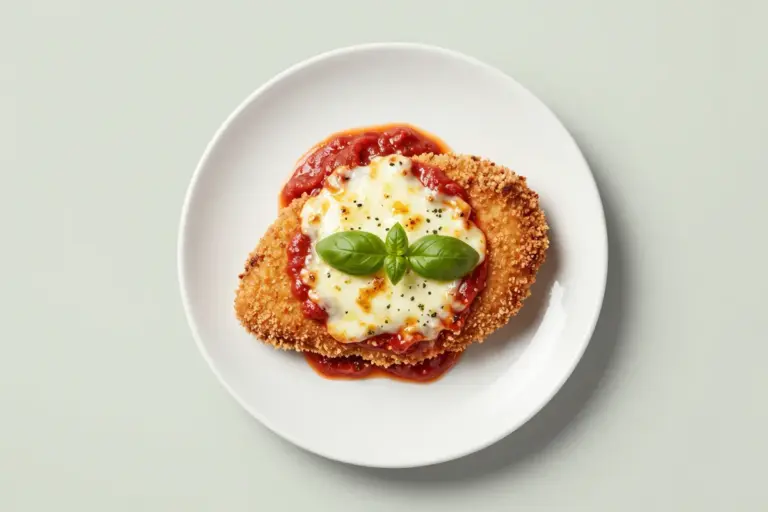 Golden panko-crusted chicken Parmesan topped with marinara, melted mozzarella, and torn fresh basil