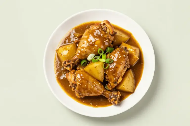Guyanese chicken curry with bone-in chicken, potato chunks, thick gravy, and sliced scallions on a white plate.