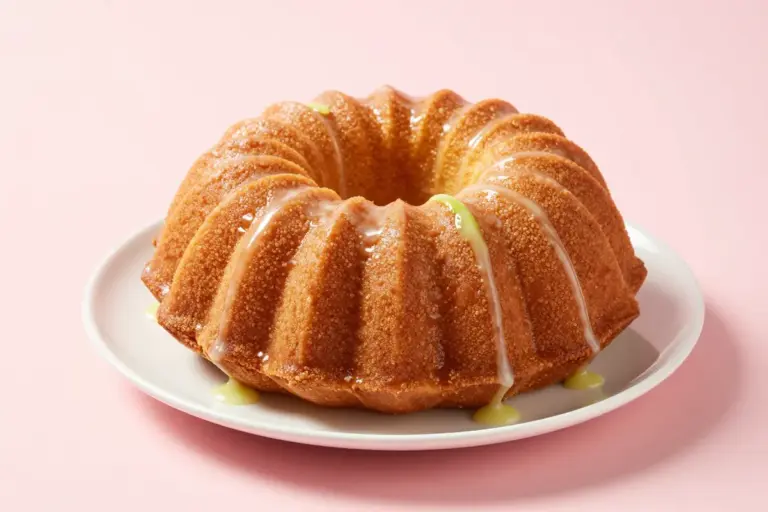 Haitian butter cake with thin lime glaze dripping over its golden ridged Bundt surface on a white plate