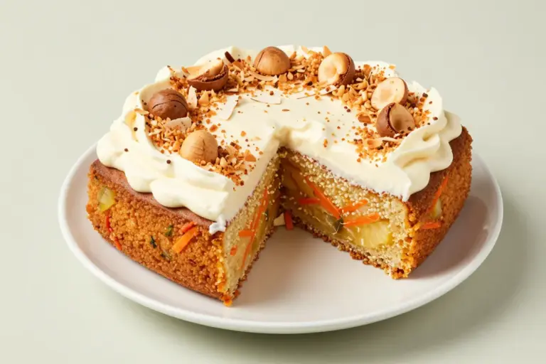 A square slice of Hawaiian carrot pineapple cake with cream cheese frosting, toasted coconut, and chopped macadamias.