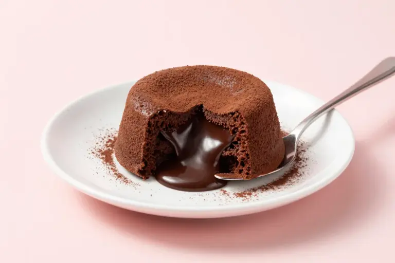 Healthy lava cake on a white plate, split open to reveal a glossy molten dark chocolate center.