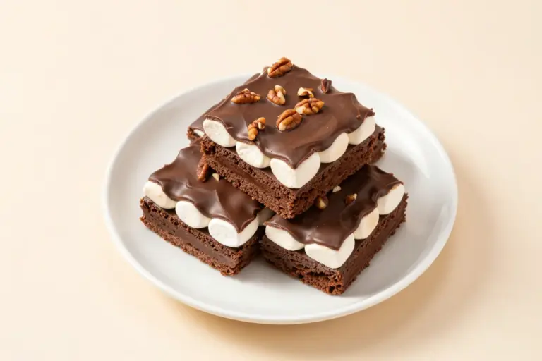 Stacked heavenly hash cake squares on a white plate, topped with marshmallows, chocolate frosting, and chopped pecans.