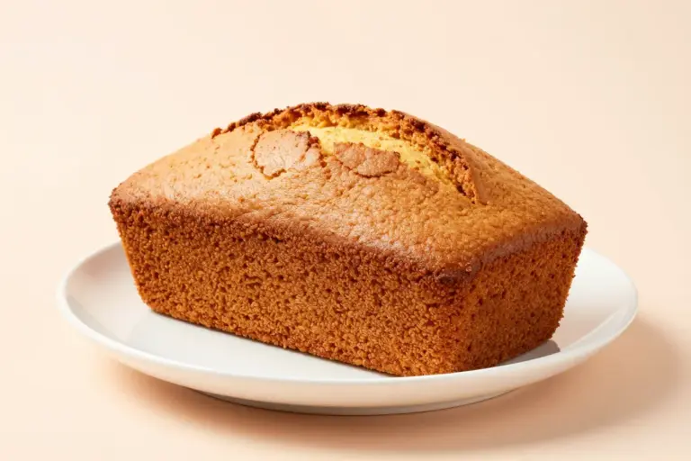 Whole golden-brown pound cake loaf with a central crack on a white ceramic plate
