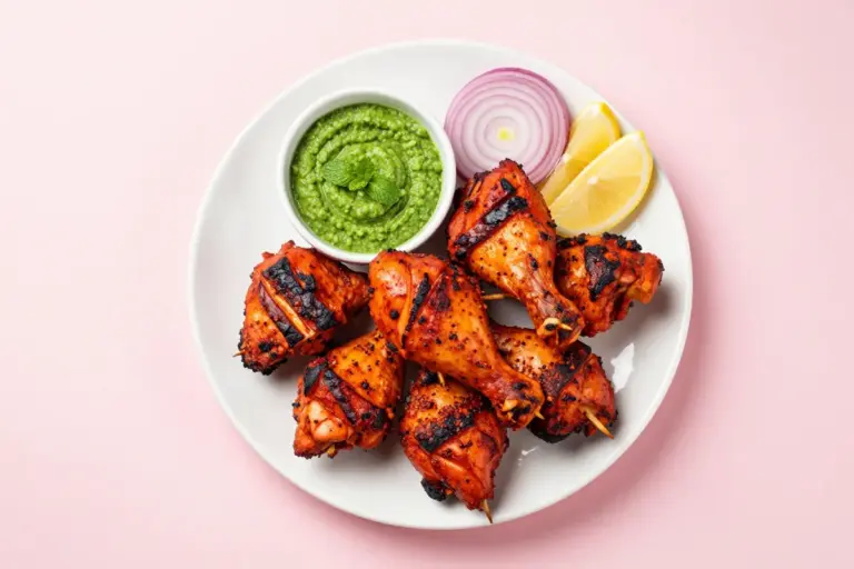 Indian BBQ chicken pieces with charred edges, mint chutney, red onion, and lemon on a white plate.