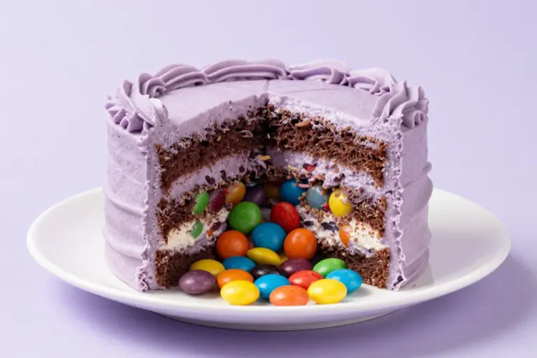 Three-layer purple buttercream cake sliced open to reveal colorful candy spheres spilling from the center