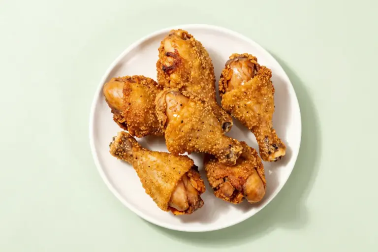 Golden-brown Jamaican fried chicken thighs and drumsticks piled on a white ceramic plate.
