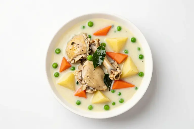 Kerala chicken stew with bone-in chicken, potato, carrots, and peas in pale coconut-milk gravy.