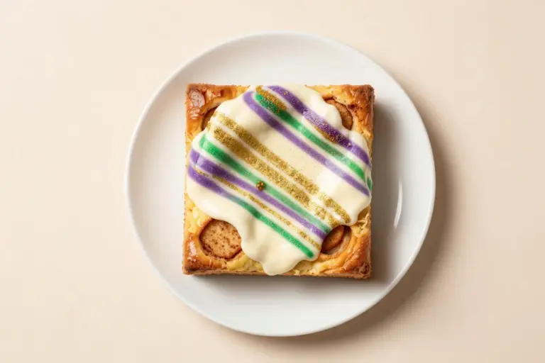 King cake bread pudding with cream cheese glaze and purple, green, and gold sugar on a white plate.
