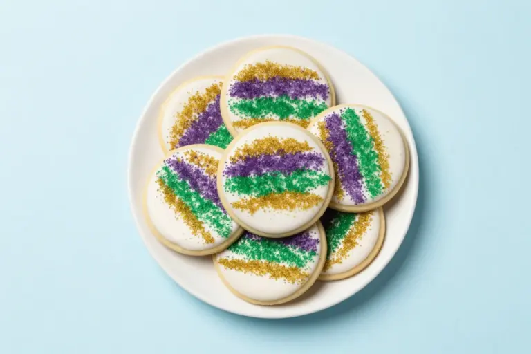 Stacked king cake cookies with white glaze and purple, green, and gold sanding sugar on a white plate.