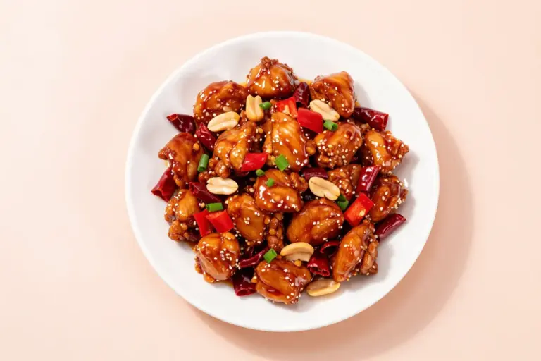 Kung Pao chicken in glossy dark sauce with dried chilies, peanuts, bell pepper, and green onion