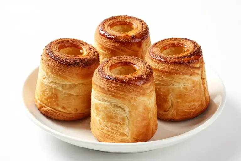 Three golden-brown chimney cakes with crackled cinnamon-sugar shells on a white ceramic plate.