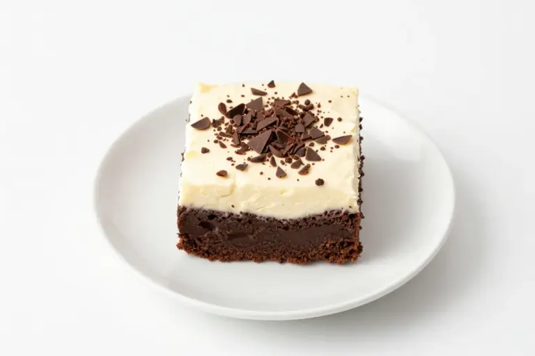 Brownie refrigerator cake square on a white plate, showing brownie, cream-cheese, pudding, whipped topping, and chocolate shavings.