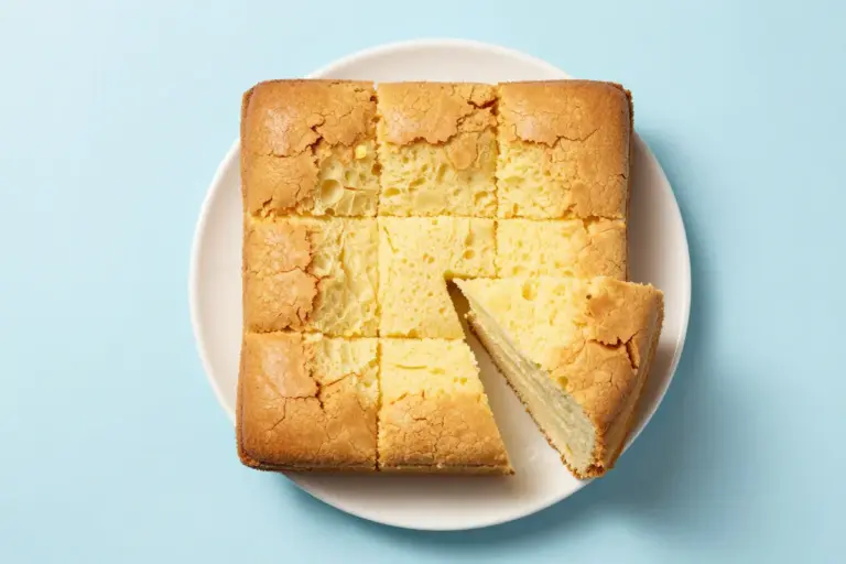 Neat squares of lemon angel food cake on a white plate, showing an airy golden top and pale yellow crumb.