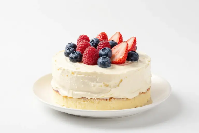 Lemon berry mascarpone cake topped with blueberries, raspberries, and halved strawberries on a white ceramic plate.