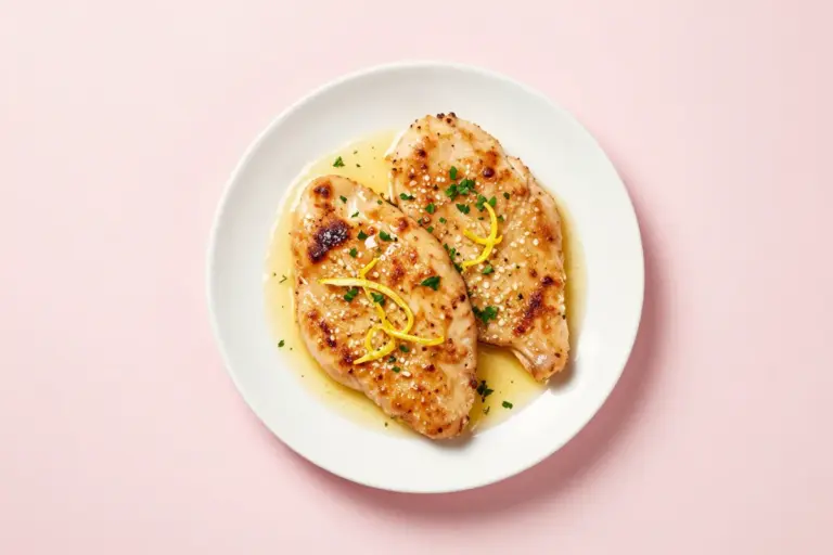 Golden lemon butter chicken cutlets with garlic lemon sauce, parsley, and lemon zest on a white plate.