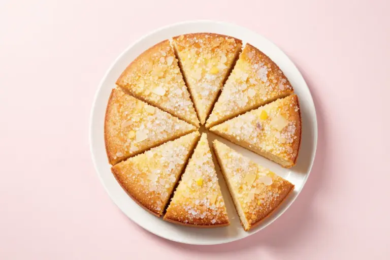 Lemon crunch cake cut into nine pieces, showing a moist yellow crumb and crystalline lemon-sugar crust.