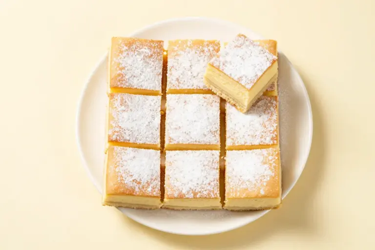 Lemon custard cake squares on a white plate, with one piece revealing moist, creamy, and golden layers.