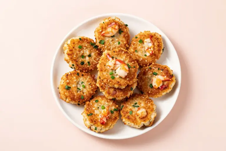 Lobster cakes recipe showing eight golden-brown pan-fried patties stacked on a white ceramic plate.