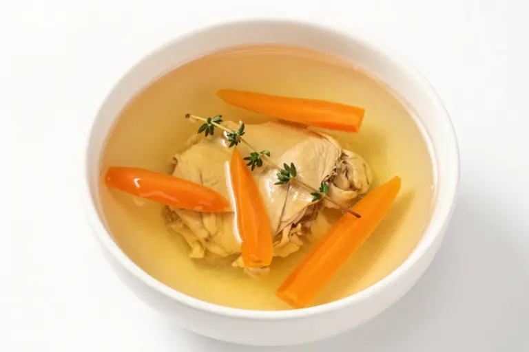 Golden-amber low FODMAP chicken broth in a white bowl with thyme sprigs and floating carrot pieces.