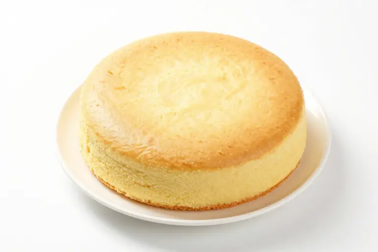 Whole Malaysian durian cake with a golden top, centered on a white ceramic plate against a seamless white background.
