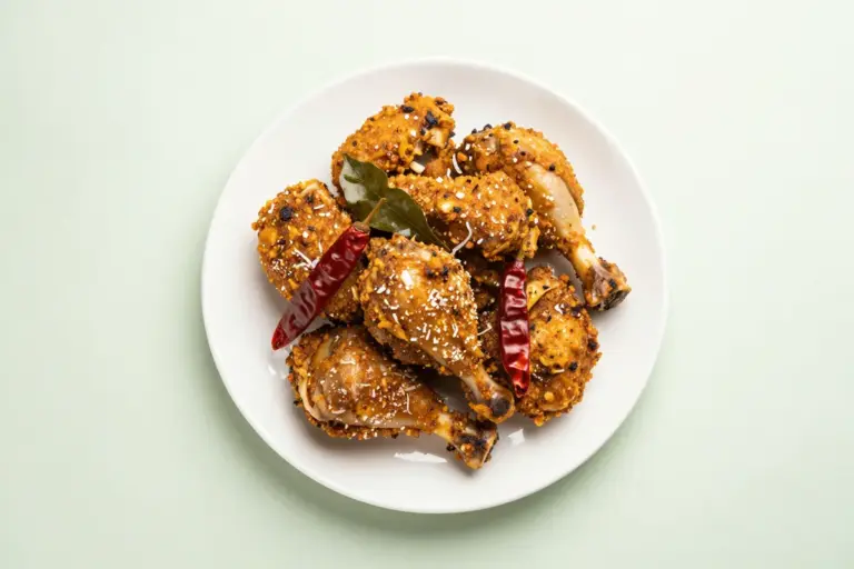 Recipe for chicken sukka on a white plate, coated in roasted coconut masala with curry leaves and dried chili