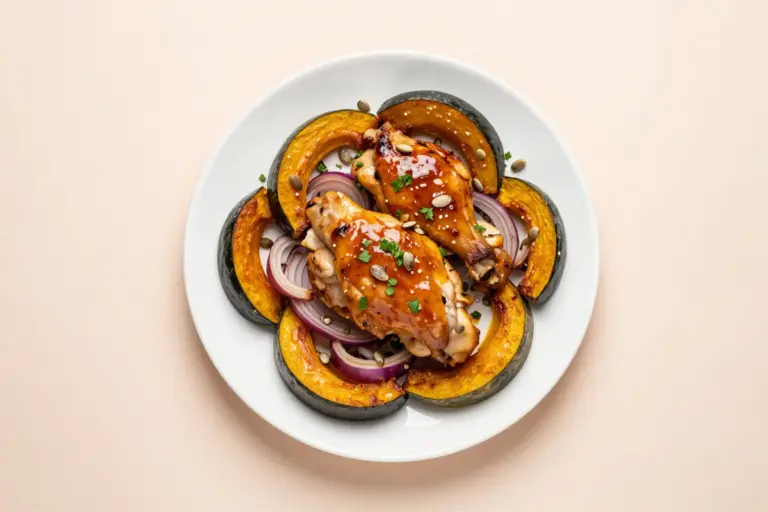 Maple-mustard glazed chicken thighs with roasted acorn squash, red onion, pepitas, and parsley on a white plate.