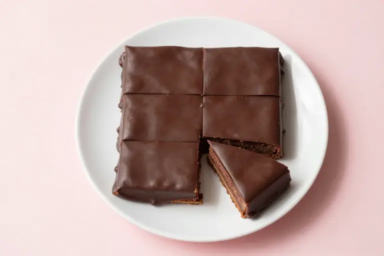 Mexican chocolate cake squares on a white plate with cinnamon-cocoa glaze