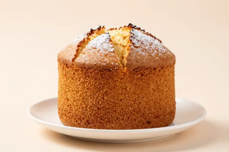 Tall golden-brown mile high pound cake with a center crack and confectioners' sugar on a white plate.