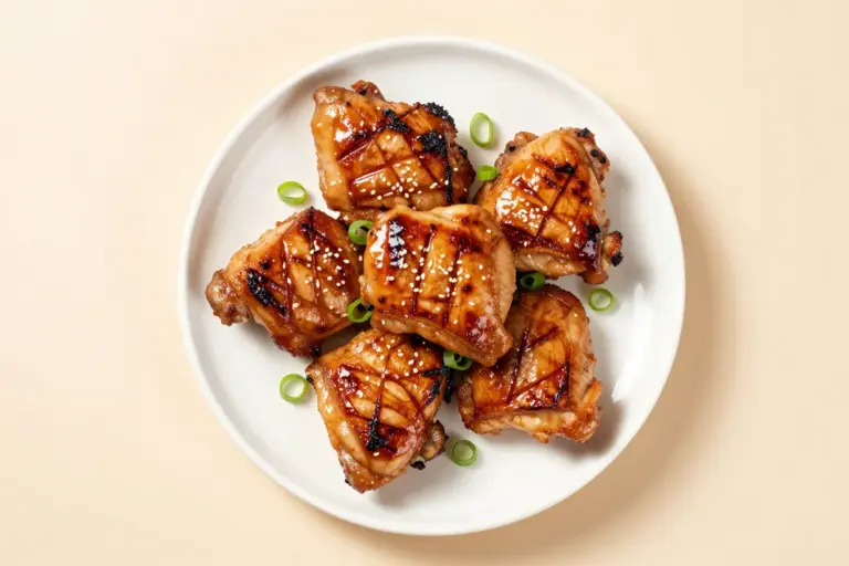 Molokai chicken recipe featuring glossy grilled thighs with caramelized edges, green onion slices, and sesame seeds