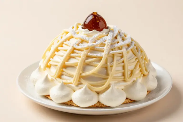 Mont Blanc cake with a meringue base, whipped-cream dome, chestnut cream strands, and marron glacé topping.