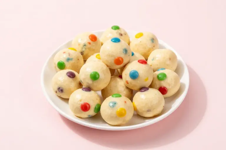 Round vanilla cake batter bites with rainbow sprinkles arranged on a white plate against a pale pink background.